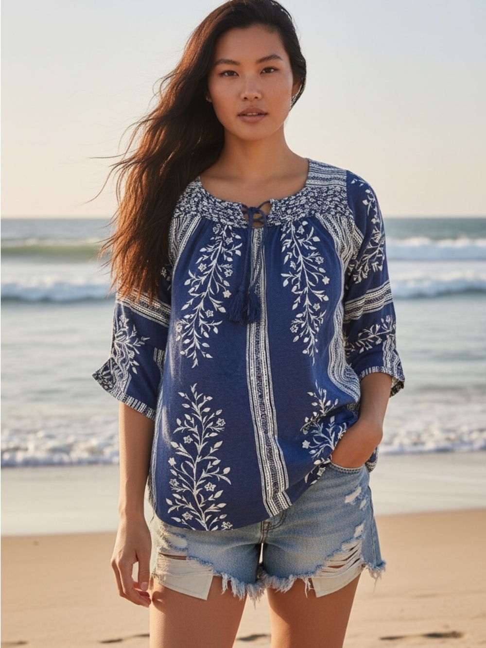 Lucky Brand Navy and White Pattern Boho Tunic